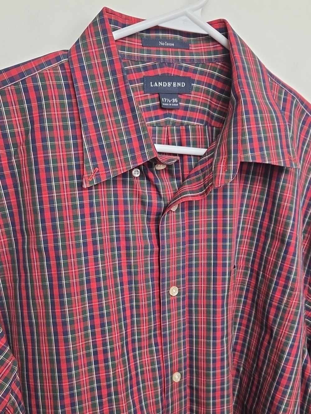 Lands' End Men's No Iron Red Green Blue Plaid Casual Cotton Button-Down Shirt